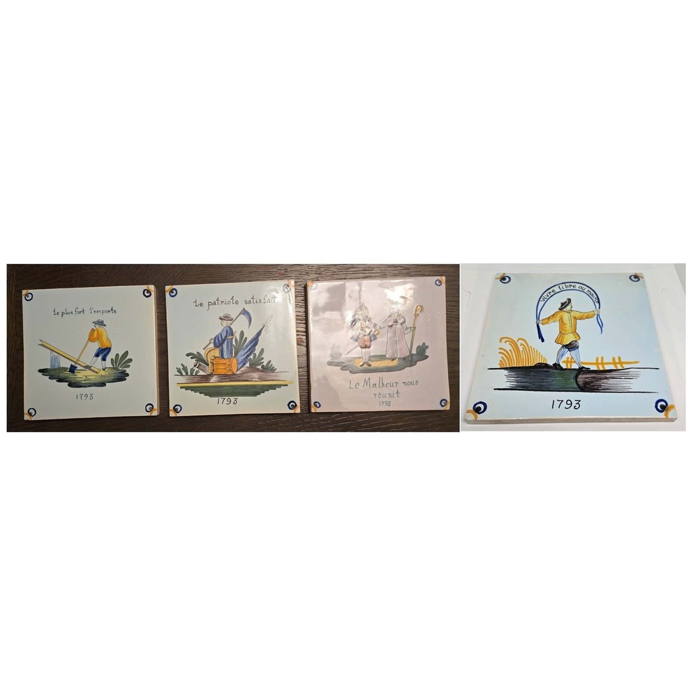 4 Vintage Geo Martel Faïence Ceramic Tiles "1793", Made in Desvres,‎ France